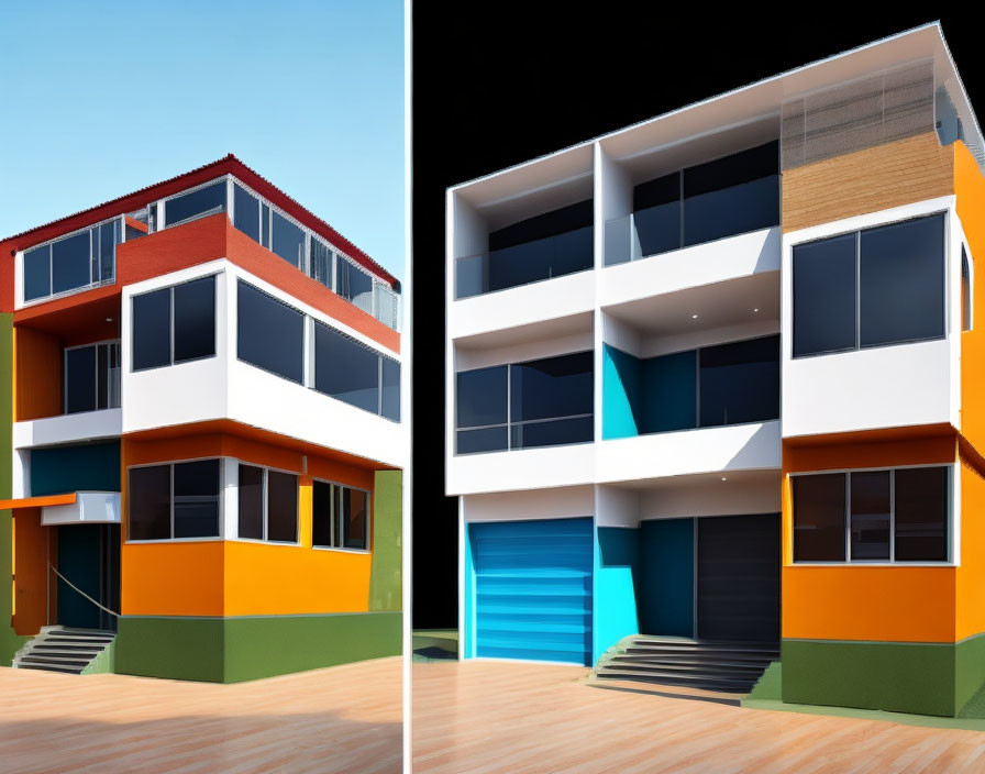 Modern colorful buildings with geometric designs under a clear sky