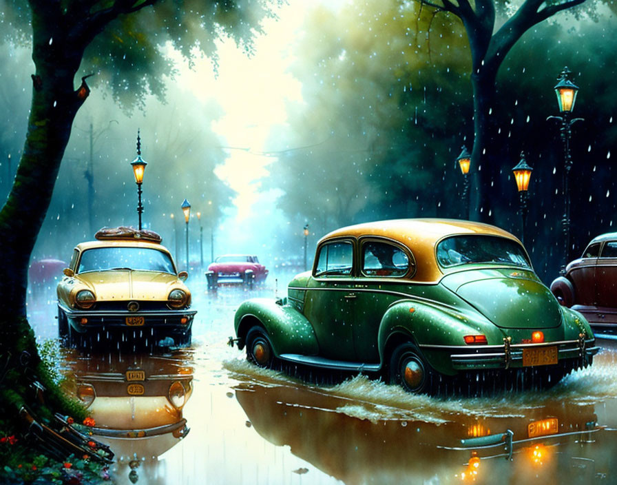 Vintage Cars Parked on Rain-Drenched Street at Night