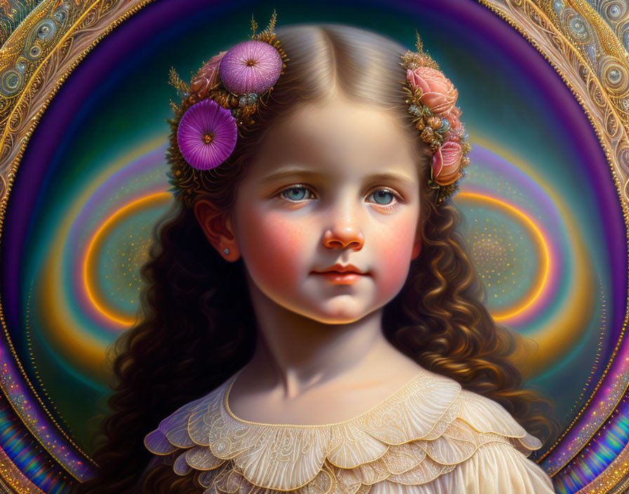 Young girl with flower-adorned hair and cosmic halo portrait.