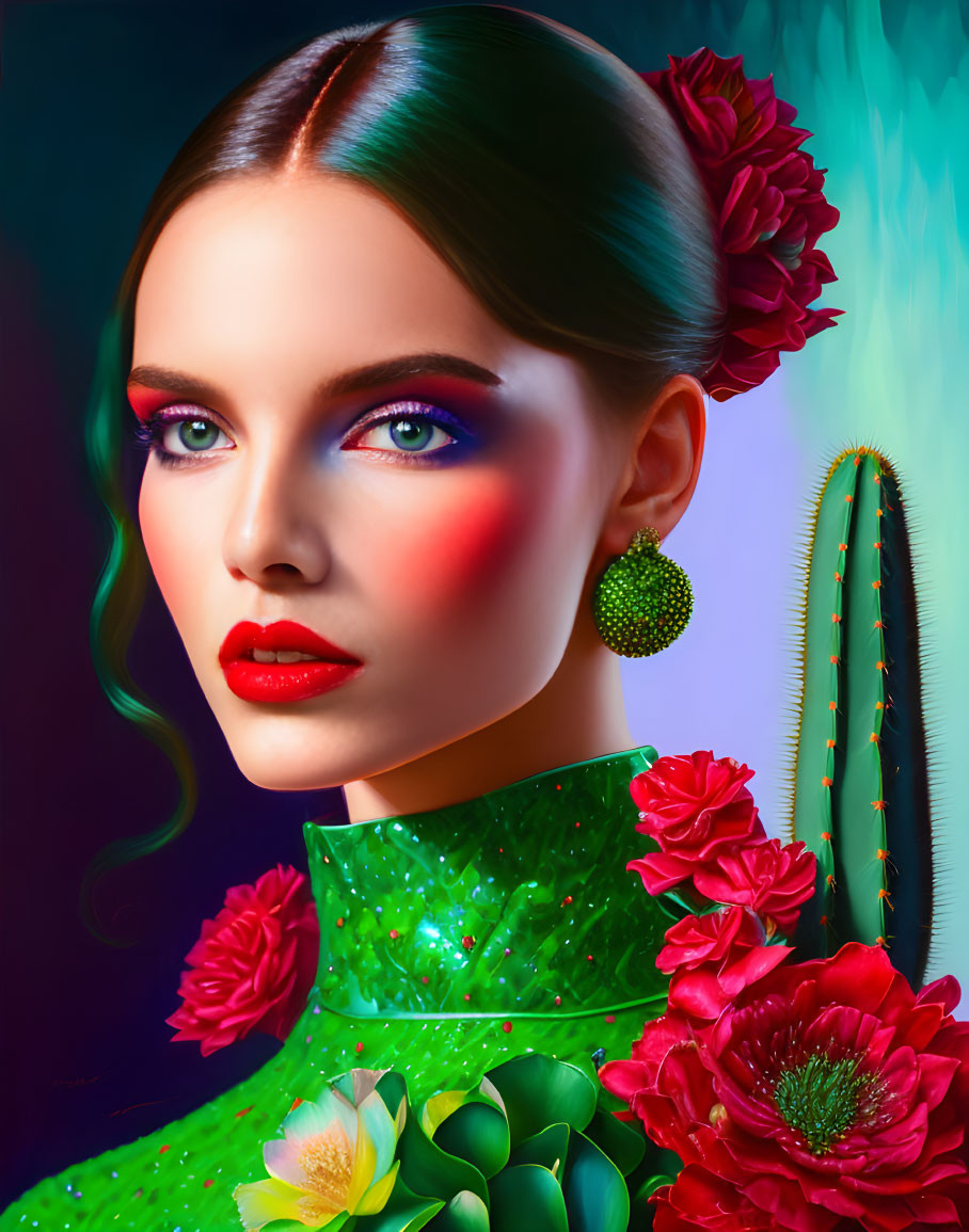 Colorful digital portrait of woman with vibrant makeup, red floral accessories, green attire, and cactus