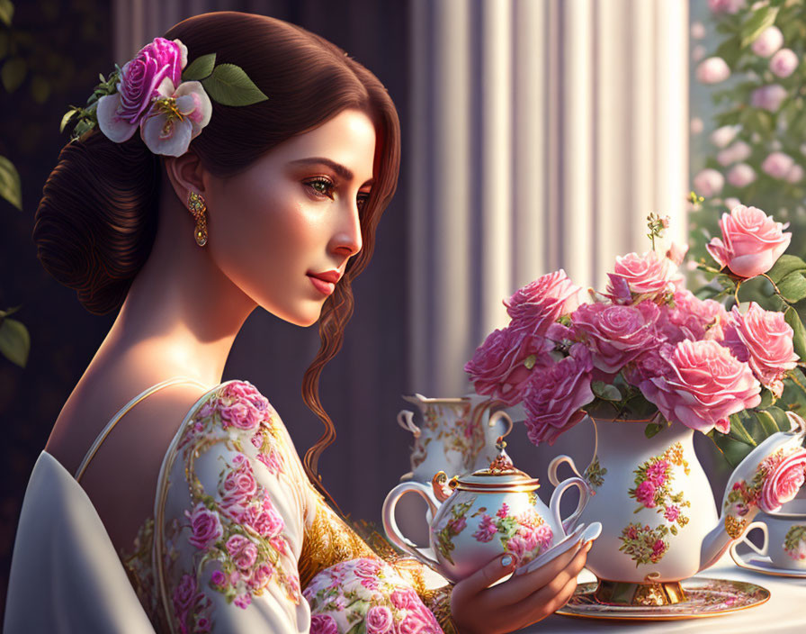 Woman with flowers in hair holding tea cup in elegant setting
