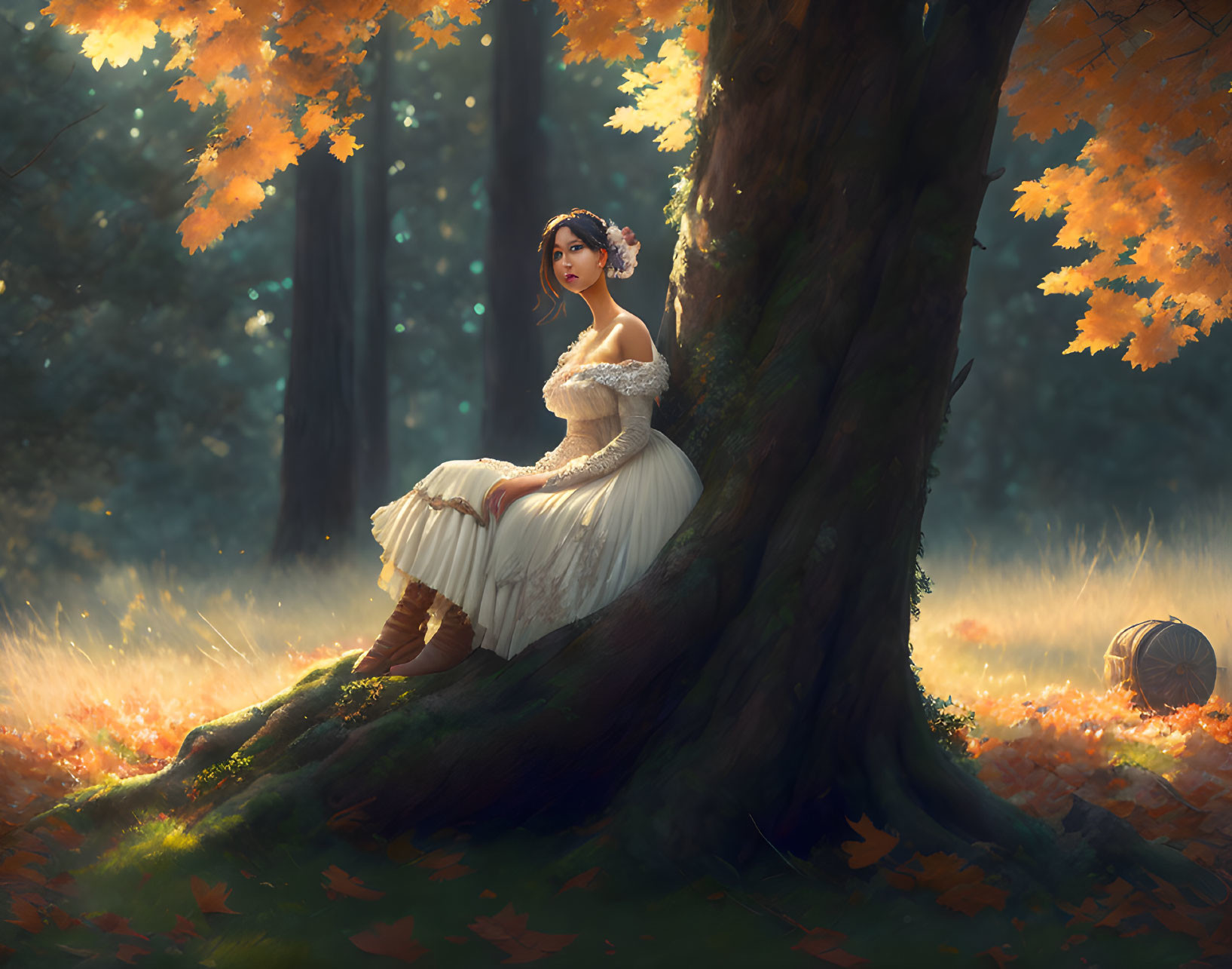 Woman in vintage white dress sitting among autumn leaves under tree canopy