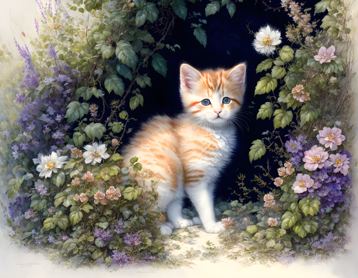 Orange and White Kitten Surrounded by Flowers and Greenery