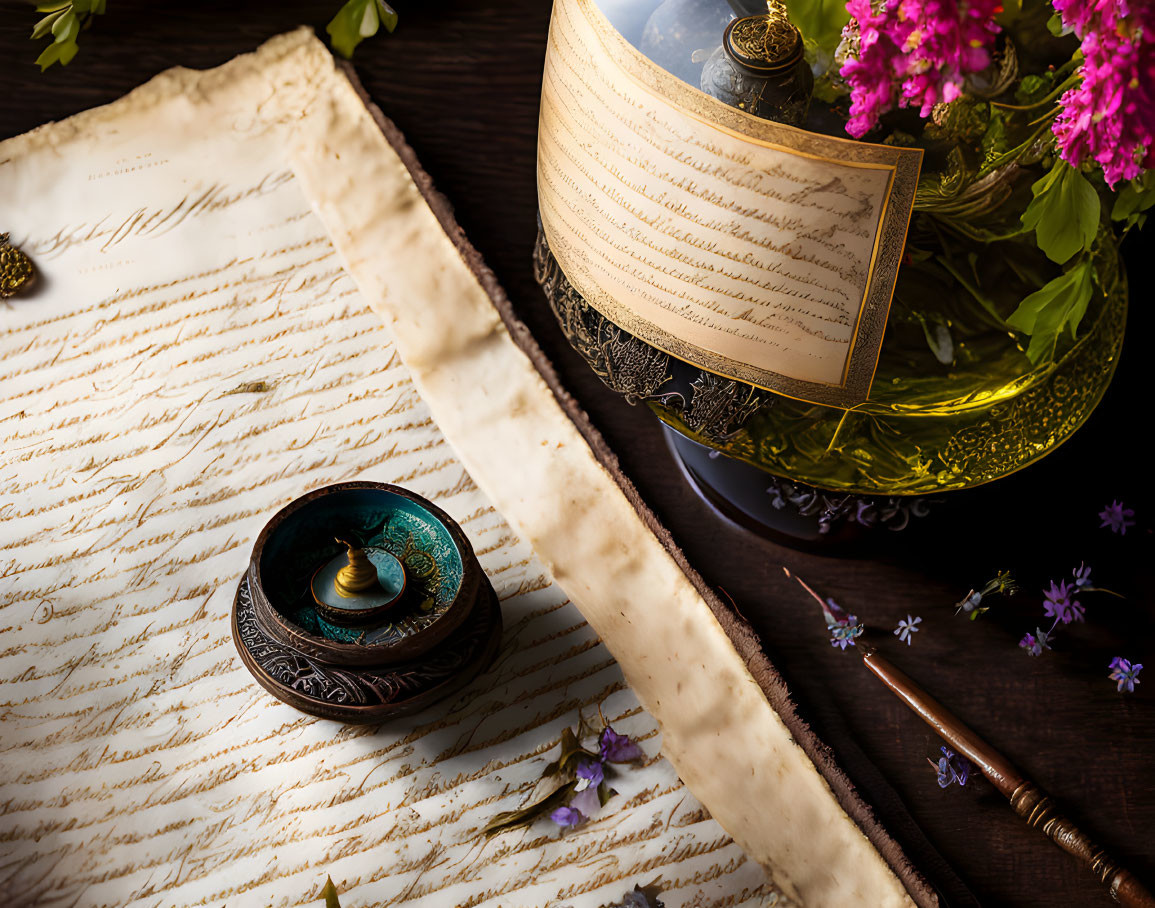 Vintage Writing Desk with Inkwell, Quill, Handwritten Script, Globe, and Purple Flowers