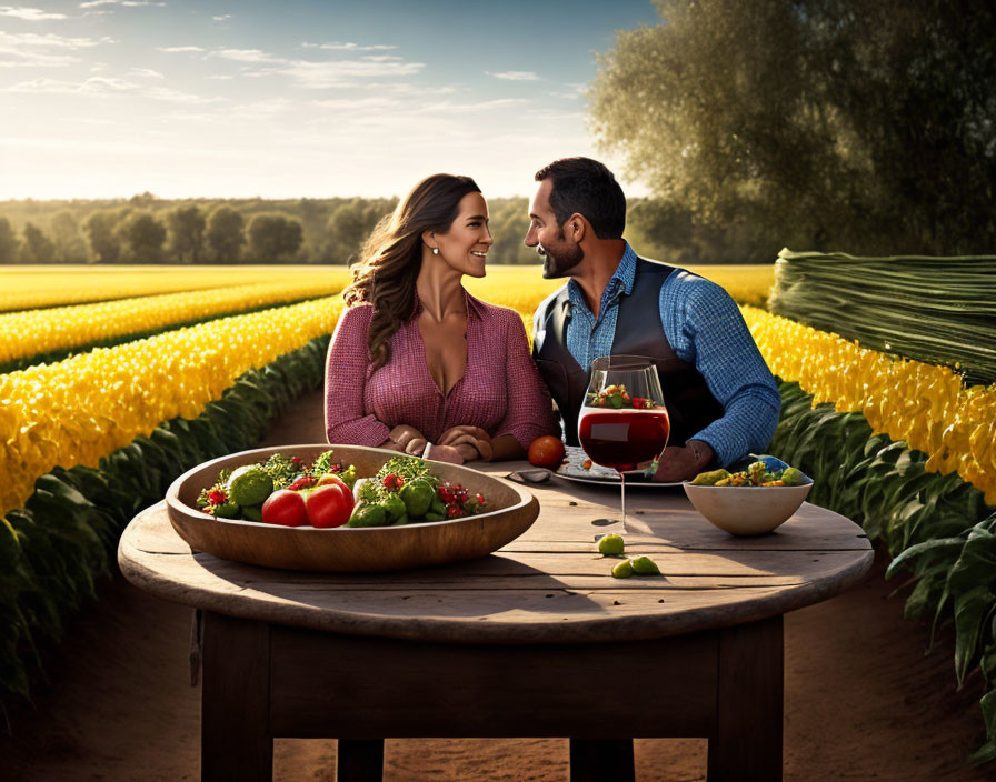 Romantic outdoor meal in lush fields at sunset