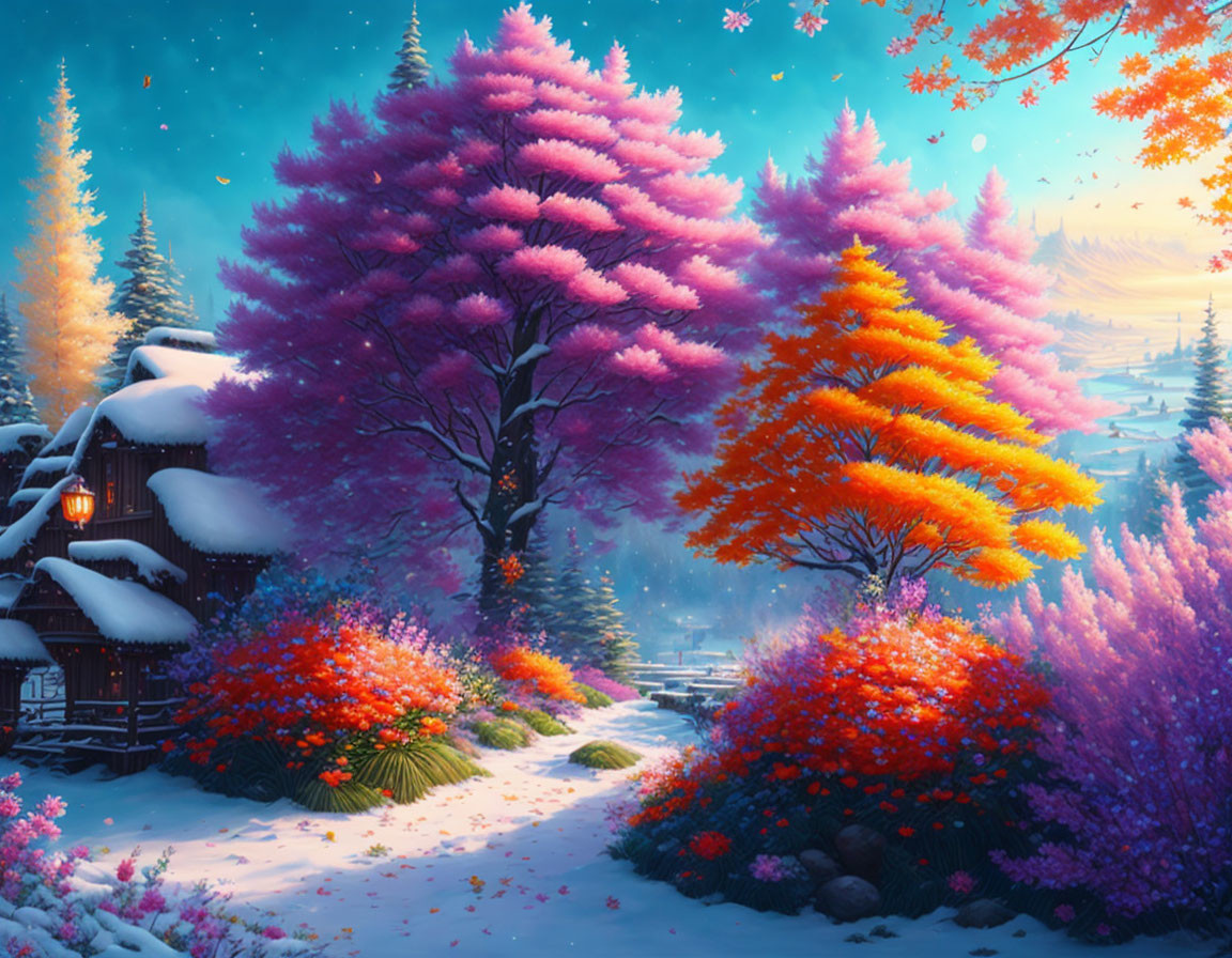 Colorful Winter Landscape: Snow-Covered Cottage, Pink and Orange Trees
