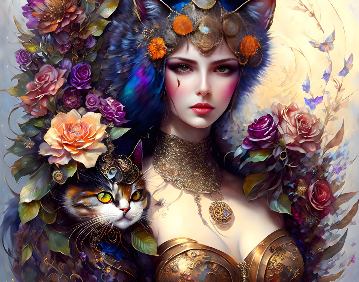 Fantastical portrait blending woman and cat with vibrant flowers and ornate jewelry