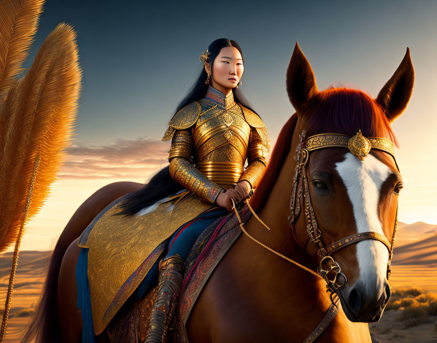 Woman in traditional armor on horse in serene desert with golden hour lighting