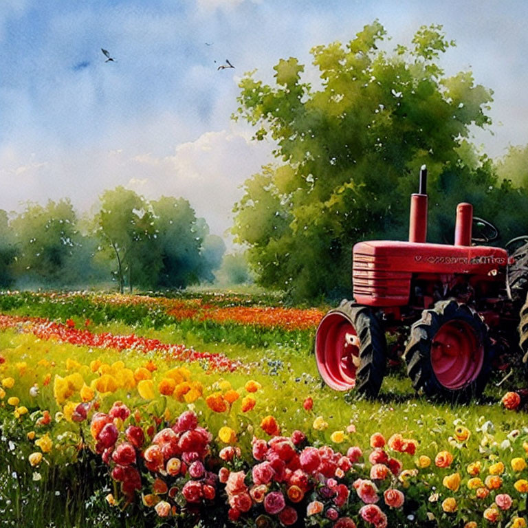 Colorful Watercolor Painting of Red Tractor in Flower Field