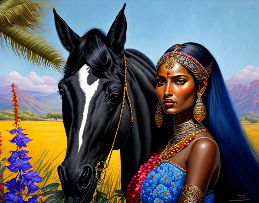 Portrait of woman with blue hair and gold jewelry next to black horse in vibrant landscape