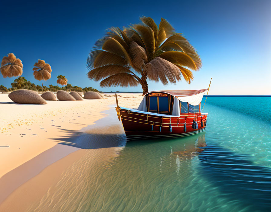 Wooden boat on sandy beach with palm trees under blue sky