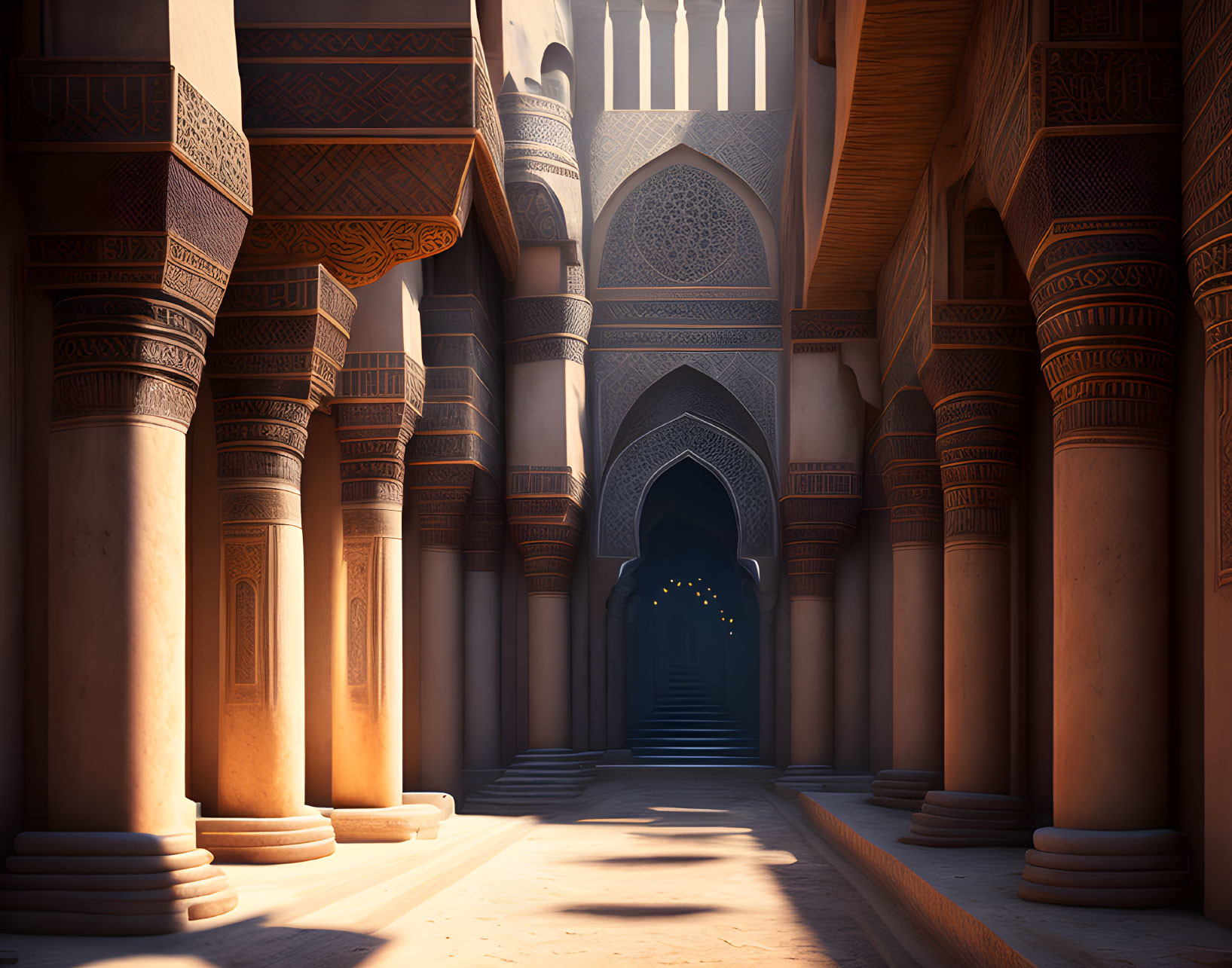 Ornate corridor with arches and intricate patterns in warm sunlight
