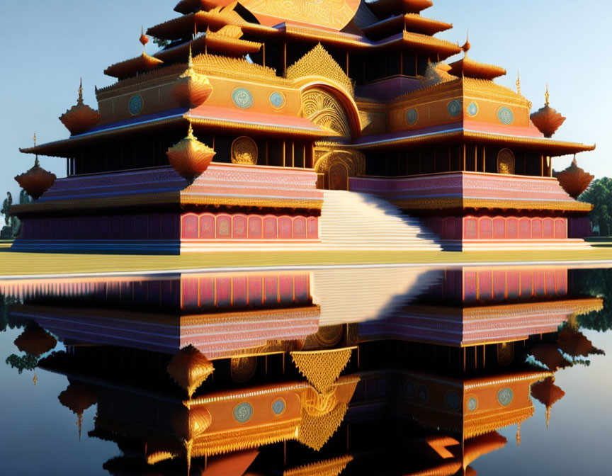 Colorful Multi-Tiered Asian Temple Reflecting on Water
