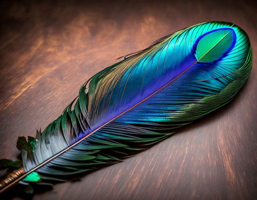 Colorful Peacock Feather on Wooden Surface