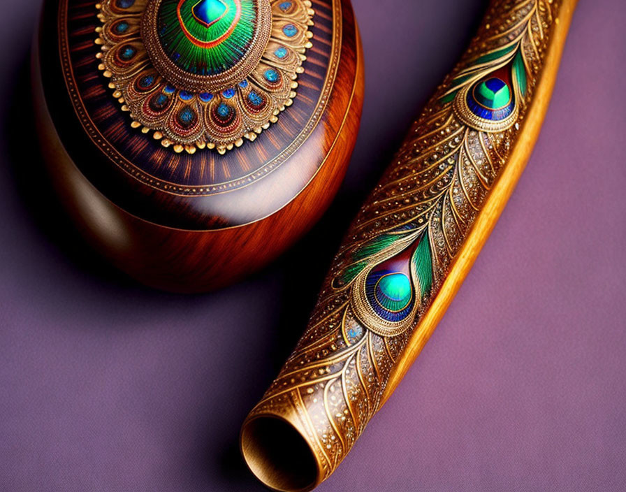 Intricately designed wooden box and pen with peacock feather motifs and golden patterns on purple background