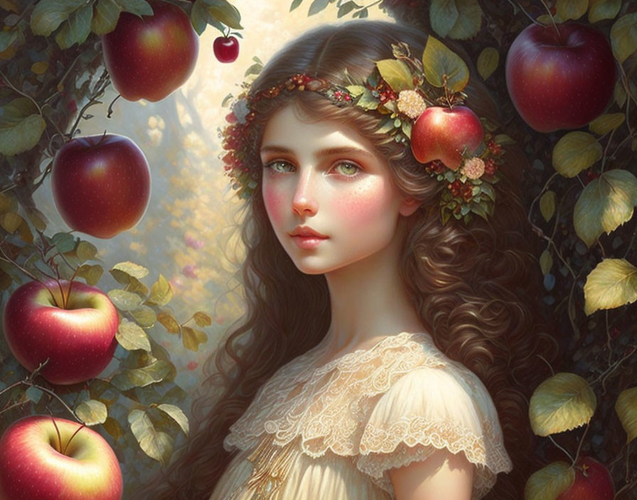 Young woman adorned with leaves and apples in serene apple orchard