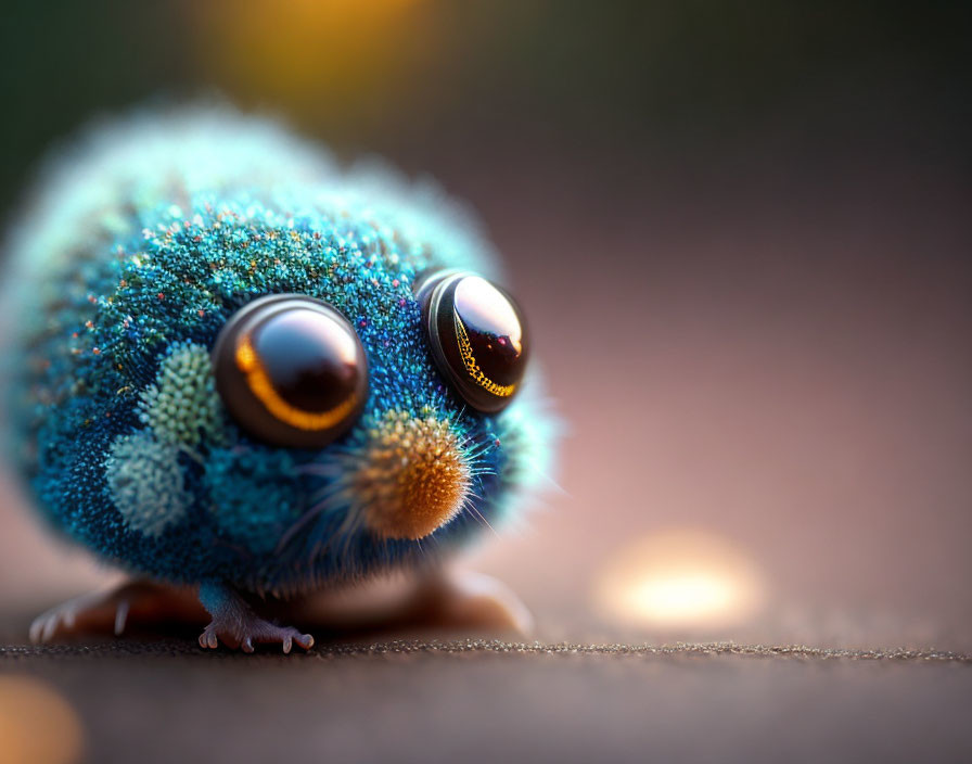 Blue fluffy creature with big black eyes and tiny limbs on soft blurred backdrop.