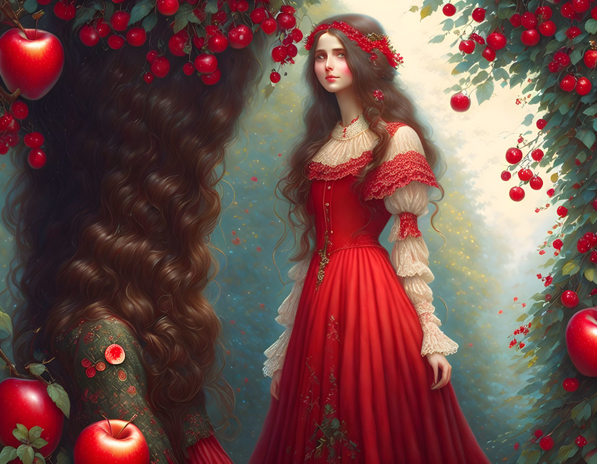 Woman in flowing red dress among apple trees with vibrant scene.
