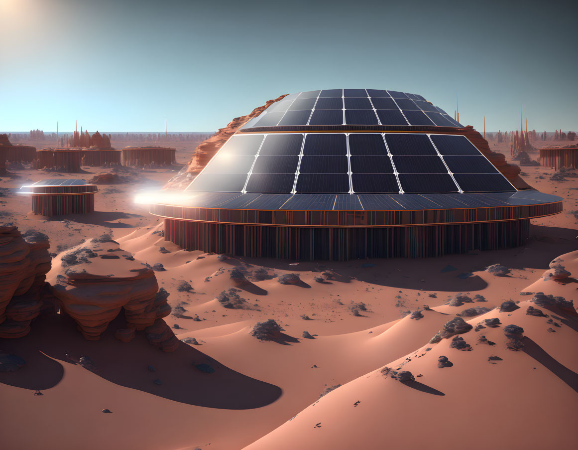 Futuristic dome structure with solar panels in desert landscape