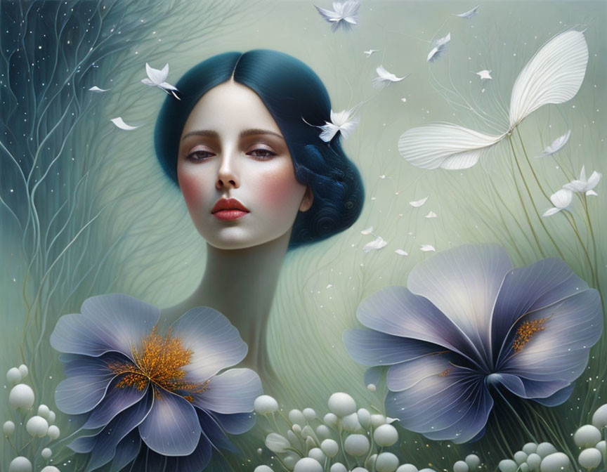 Surreal portrait of woman with deep blue hair among blue flowers and white butterflies