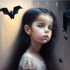 Dark-haired girl gazes with bats in cloudy sky