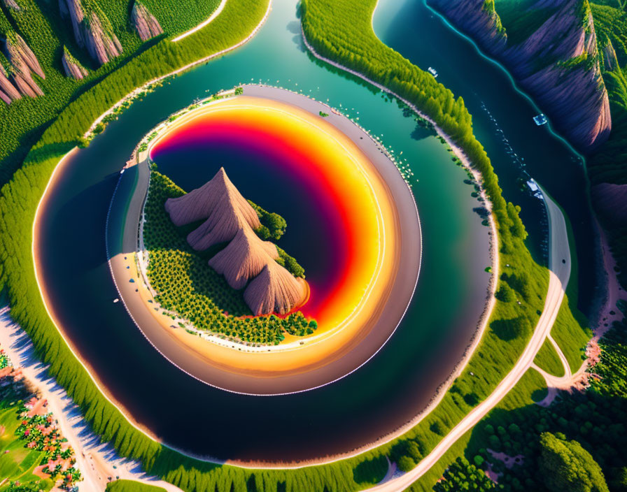 Colorful Circular Landscape Surrounded by Greenery and River