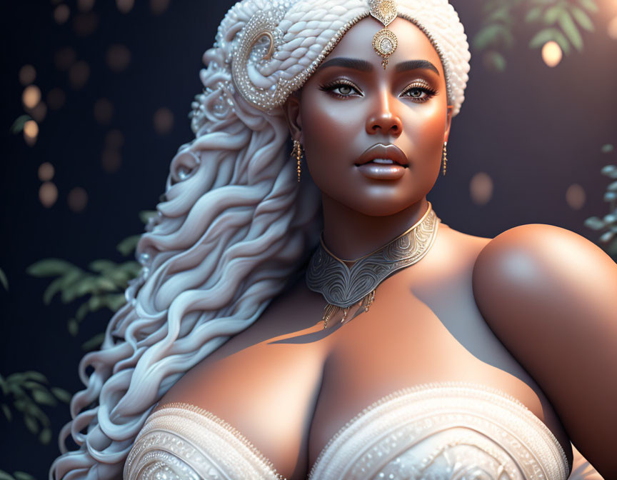 Majestic woman with white hair, jewelry, and makeup in 3D rendering
