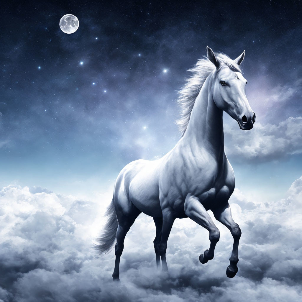 White Horse Galloping in Night Sky with Stars and Full Moon