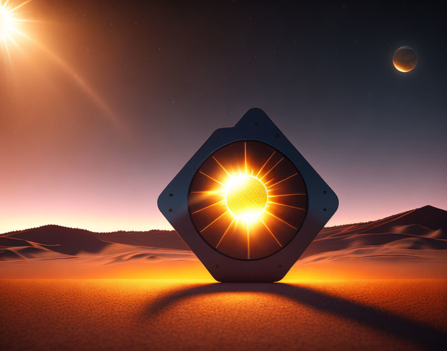 Hexagonal Glowing Device Illuminating Desert Night Sky