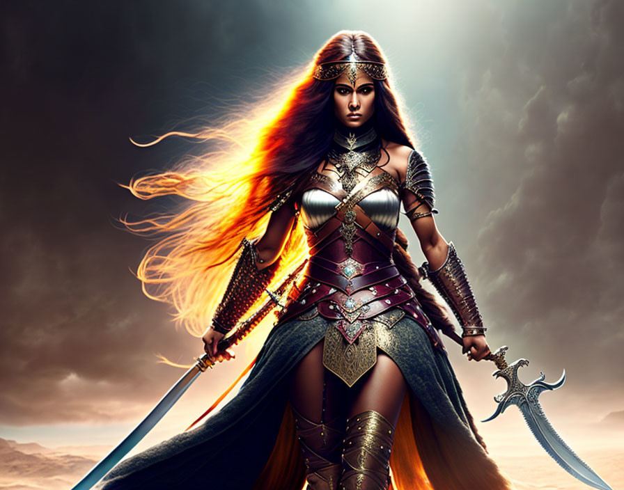 Warrior princess, full body, with long hair and sw