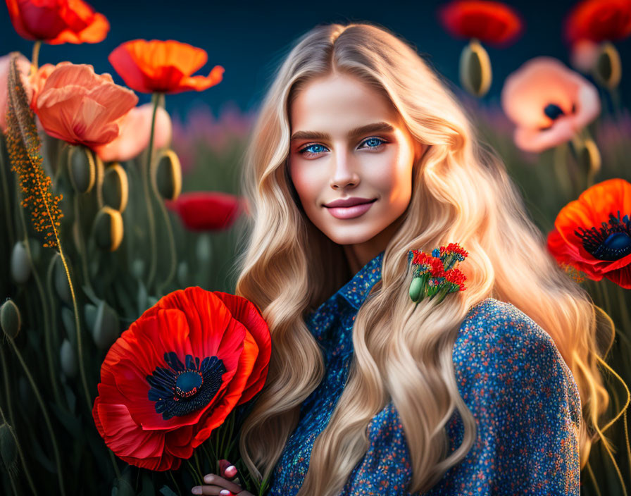 Young model, with long blond hair and poppies in h