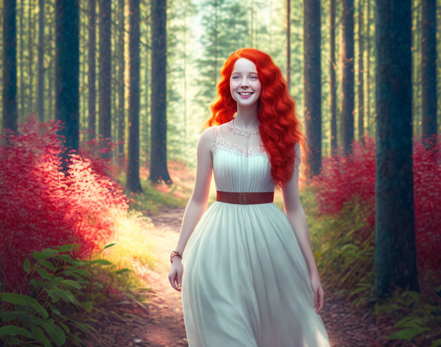 A cute and happy red-haired young woman in a white