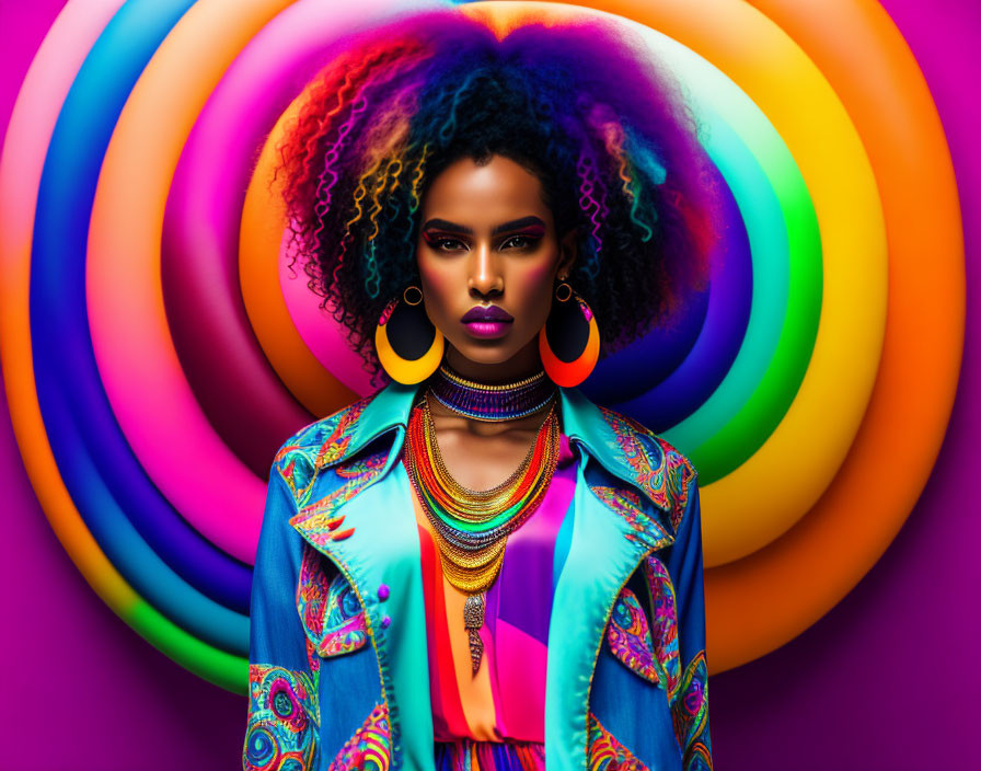 Model with colorful curly head, colorful clothes, 