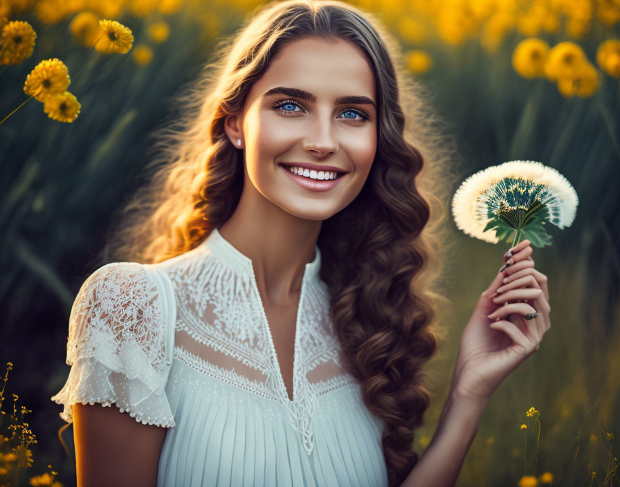 Beautiful young woman holding a dandelion, sitting