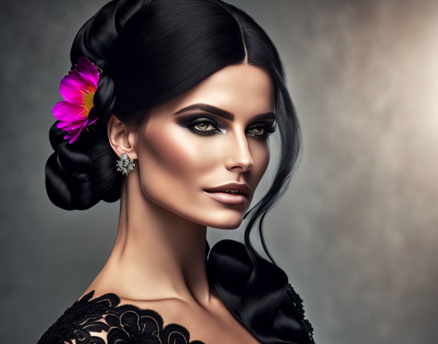 Woman with Sleek Hairstyle, Pink Flower, Smoky Makeup, and Elegant Earrings