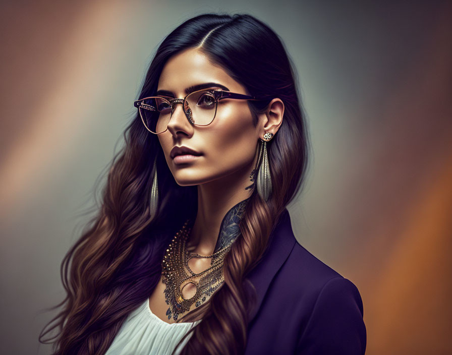Woman with Long Wavy Hair in Purple Blazer and Glasses