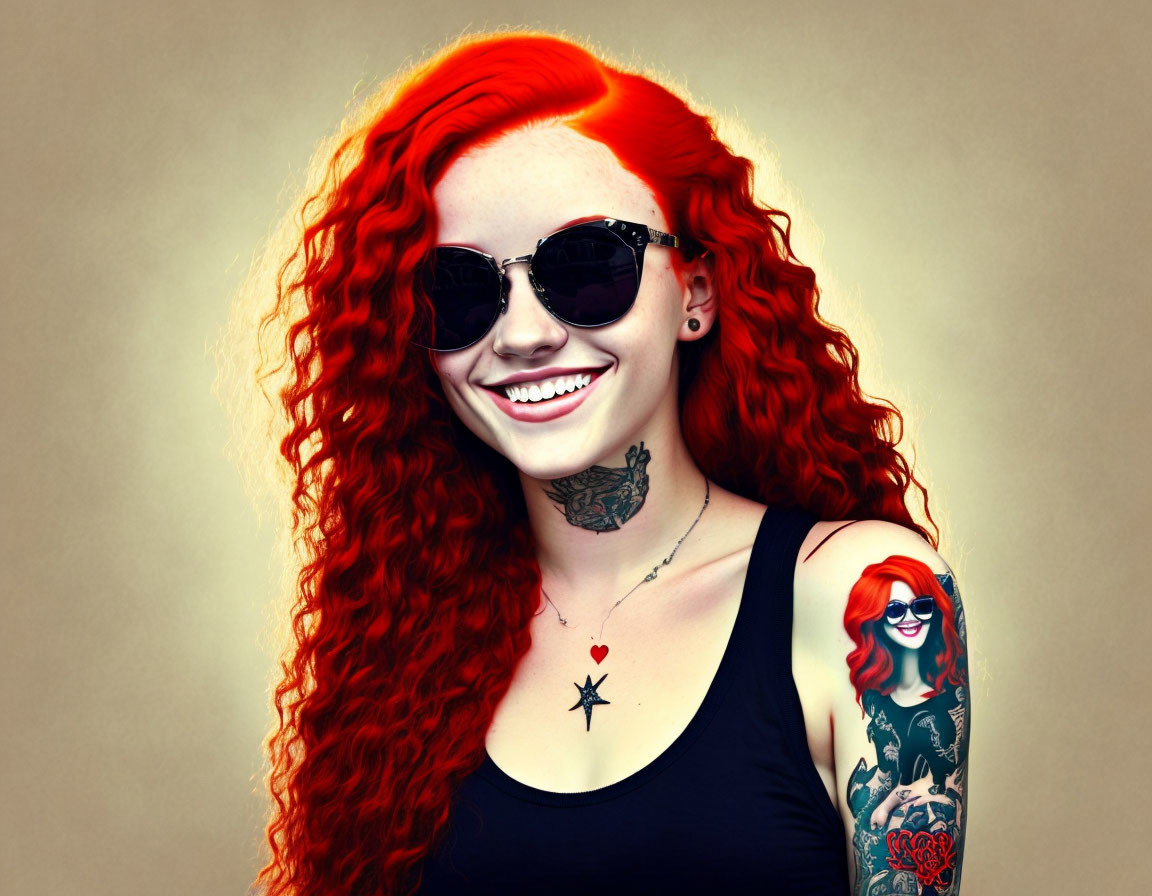 young woman with red hair, sunglasses, tattoo, smi