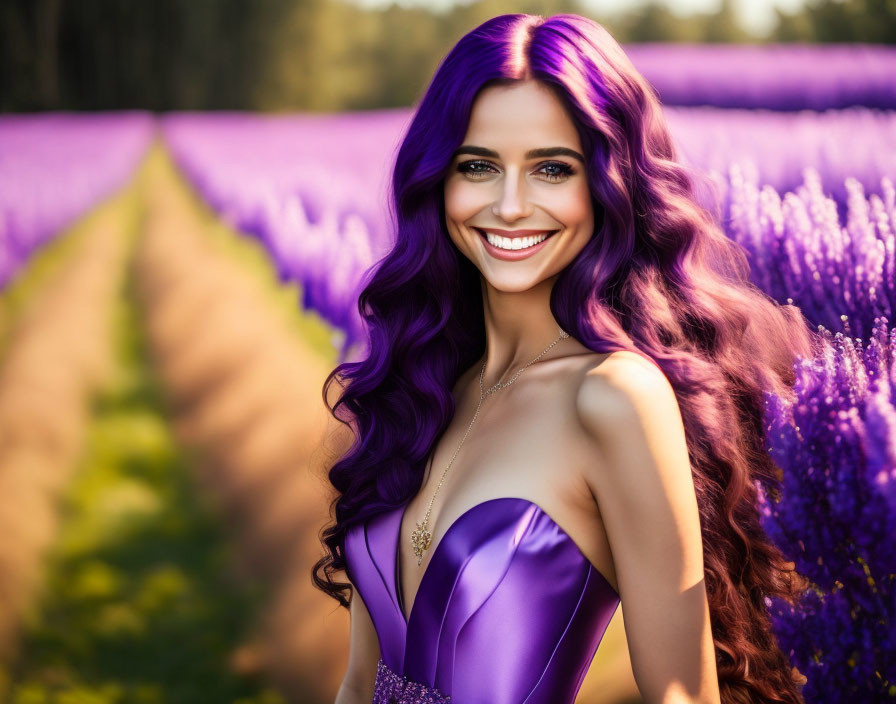 young pretty woman, purple long hair and purple dr