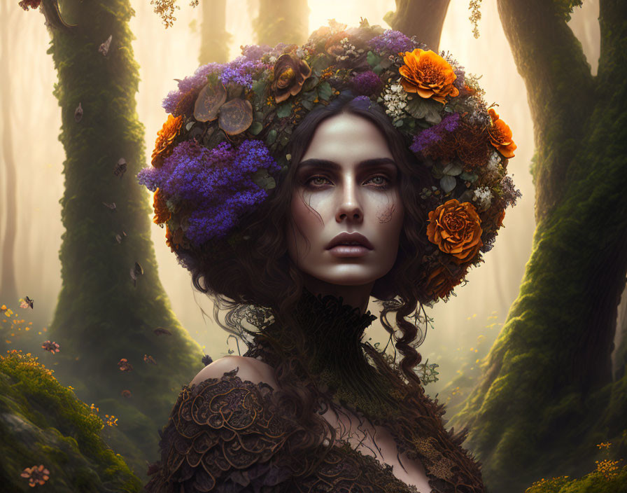 Portrait of woman with floral headpiece in mystical forest with sunlight