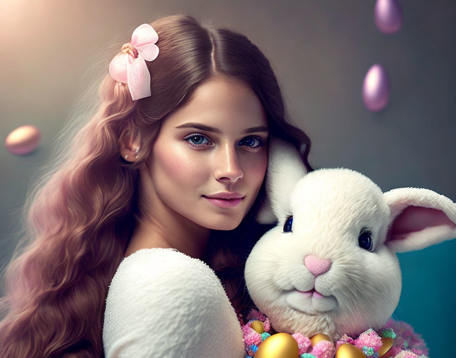little girl with long hair and easter bunny in her