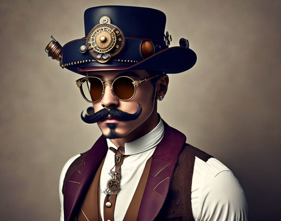 Steampunk boy with hat and mustache, chic glasses,