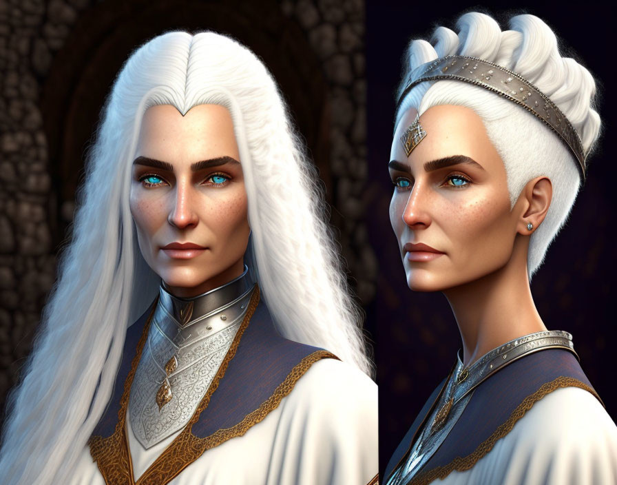Fantasy Characters with White Hair and Blue Eyes in Medieval Attire