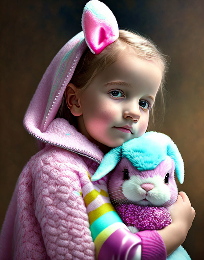 Child in Pink Bunny Hoodie Hugging Plush Rabbit Toy