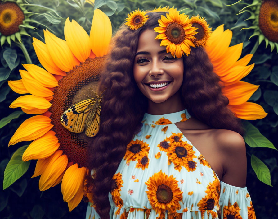 young woman, sunflower head, smiling, summer dress