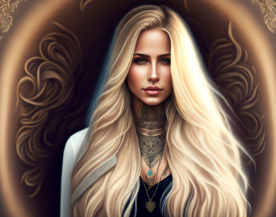 Digital portrait of woman with long blonde hair, blue eyes, ornate neck tattoos, and elegant golden