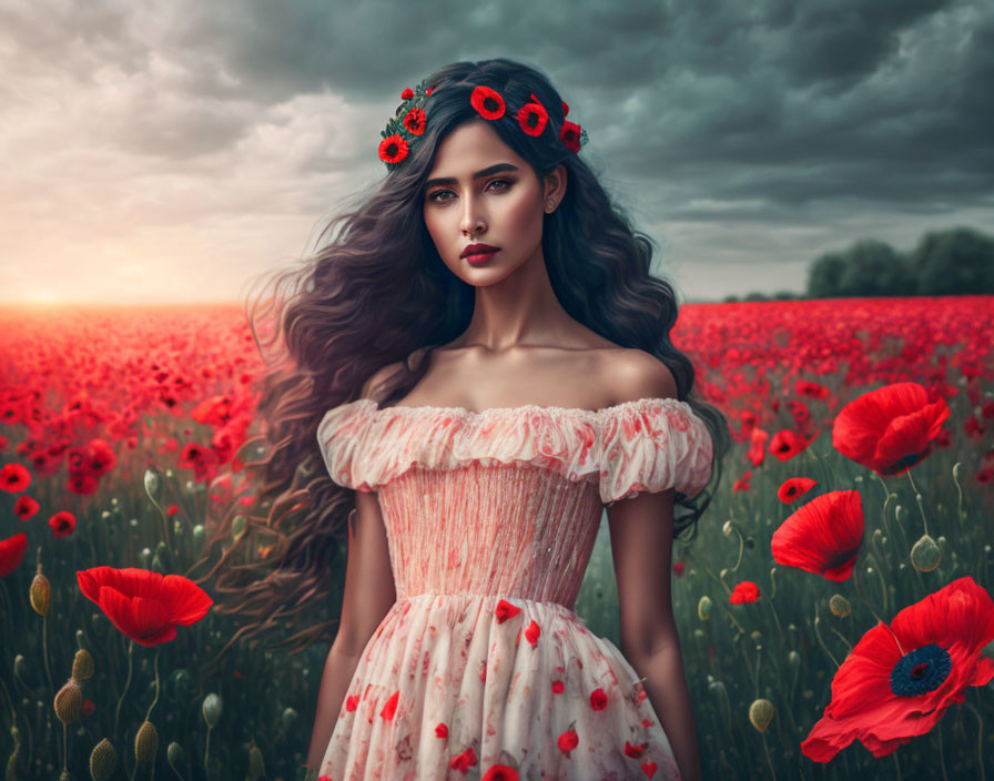 Model holding poppies, pretty summer dress, dark l