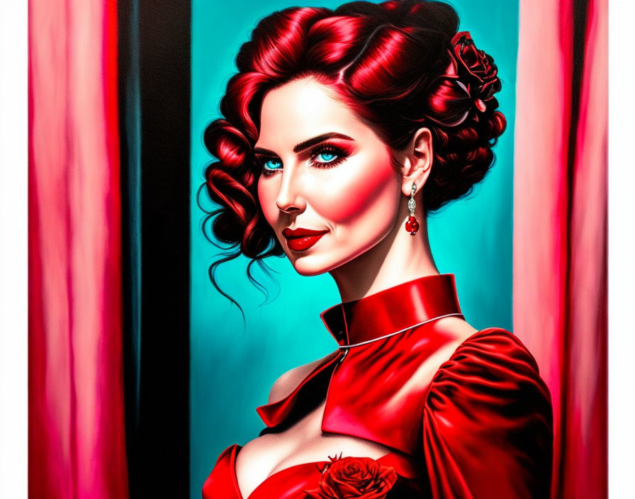 Digital portrait featuring woman with red hair, lips, and dress on pink and black backdrop