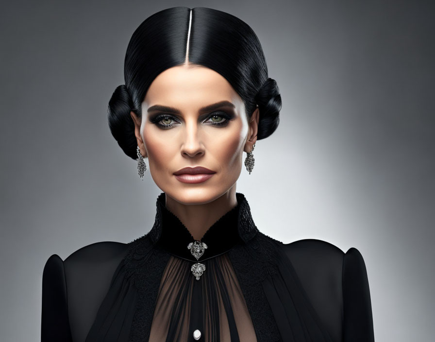 Woman with Double Bun Hairstyle, Dramatic Makeup, and Elegant Black Outfit