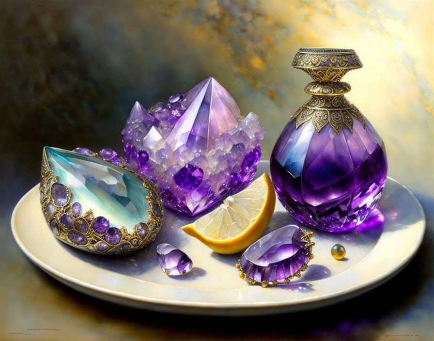 still life with crystals and silver amethyst jewel