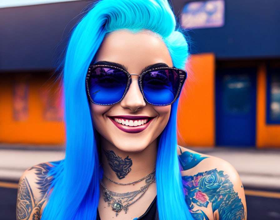 junge Frau mit blauem Haar und Sonnenbrille,